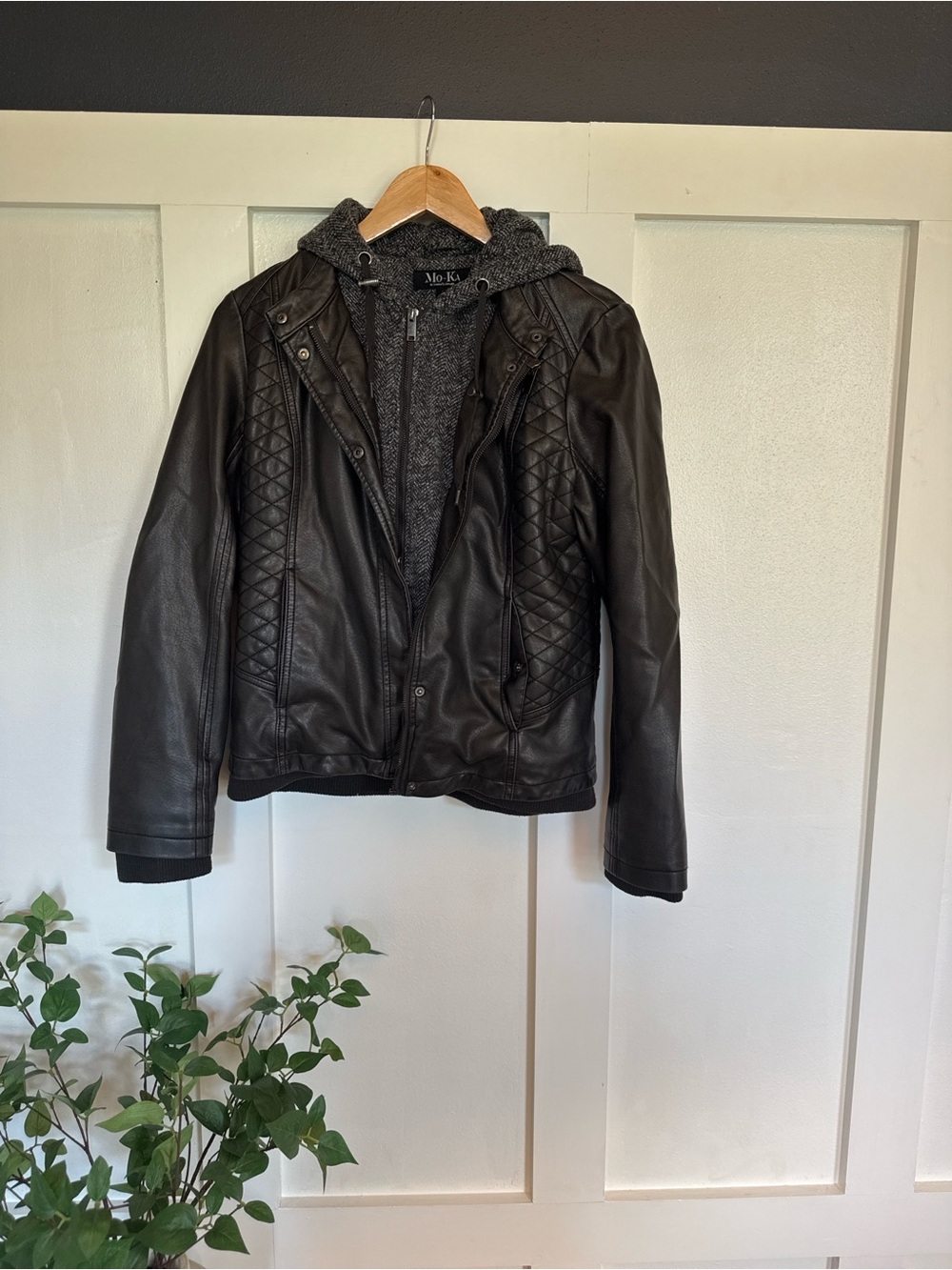 Mo-Ki black Quilted Faux Leather Jacket with Detachable B Hood bc